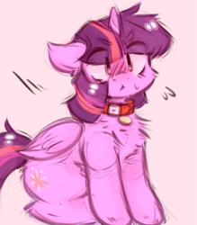 Size: 441x504 | Tagged: dead source, safe, artist:toroitimu, derpibooru import, twilight sparkle, twilight sparkle (alicorn), alicorn, pony, chest fluff, collar, cute, eye clipping through hair, eyebrows visible through hair, female, leg fluff, mare, pet, pet tag, pink background, simple background, solo, sweat, sweatdrop, twi pet, twiabetes