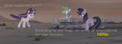 Size: 1679x608 | Tagged: safe, derpibooru import, screencap, spike, starlight glimmer, twilight sparkle, twilight sparkle (alicorn), alicorn, equestria girls, the cutie re-mark, alternate timeline, ashlands timeline, barren, implied genocide, implied sunset shimmer, post-apocalyptic, sunset's terrible plan, wasteland