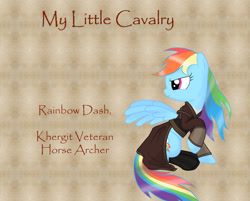 Size: 1023x823 | Tagged: safe, artist:nimbostratus, rainbow dash, pegasus, pony, archery, clothes, crossover, mount and blade, papyrus, solo