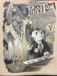 Size: 767x1024 | Tagged: safe, artist:andypriceart, princess luna, tiberius, alicorn, pony, grayscale, mask, monochrome, phantom of the opera, piano, traditional art