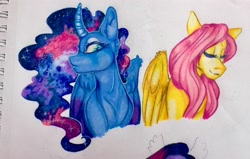 Size: 3130x1995 | Tagged: safe, artist:daviikin, fluttershy, princess luna, alicorn, pegasus, pony, curved horn, eyes closed, female, galaxy mane, lesbian, looking back, lunashy, shipping, traditional art