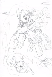 Size: 1765x2601 | Tagged: safe, artist:unconventional trixie, derpibooru import, spike, twilight sparkle, twilight sparkle (alicorn), alicorn, dragon, pony, the cutie re-mark, female, homura akemi, mare, monochrome, puella magi madoka magica, traditional art