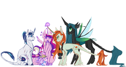 Size: 1879x1000 | Tagged: safe, artist:eqq_scremble, derpibooru exclusive, crackle cosette, princess cadance, princess flurry heart, queen chrysalis, shining armor, whammy, alicorn, changeling, changeling queen, pony, unicorn, the mean 6, alternate design, camera, diaper, disguise, disguised changeling, eqqverse, family, female, foal, headcanon, heart eyes, heart tail, leonine tail, magic, male, mare, next generation, polyamory, ponytail, scar, stallion, wingding eyes