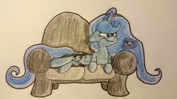 Size: 4593x2578 | Tagged: safe, artist:dark shadow, princess luna, alicorn, pony, absurd resolution, angry, annoyed, blue, controller, lying down, playing, sitting, sofa, solo