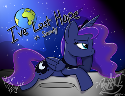 Size: 1280x976 | Tagged: safe, artist:arcticfox2012, princess luna, alicorn, pony, earth, moon, prone, sad, solo, stars