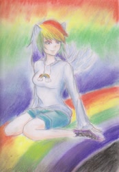 Size: 1180x1692 | Tagged: safe, artist:aru---chan, rainbow dash, eared humanization, humanized, rainbow, solo, traditional art, winged humanization