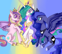 Size: 850x736 | Tagged: safe, artist:glenray35, princess cadance, princess celestia, princess luna, alicorn, pony, alicorn triarchy, crossover, female, floppy ears, jewelry, looking at each other, mare, peytral, raised hoof, simple background, sitting, spread wings