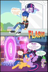 Size: 1968x2966 | Tagged: safe, artist:bbbhuey, derpibooru import, flash sentry, spike, twilight sparkle, twilight sparkle (alicorn), alicorn, equestria girls, :i, adorkable, blushing, comic, cute, deadpan snarker, dialogue, dork, face of mercy, female, flashlight, frown, grin, hape, happy, hug, human flash sentry, human flash sentry x pony twilight, husbando thief, kidnapped, male, open mouth, portal, portal machine, puffy cheeks, raised eyebrow, rapeface, shipping, sitting, smiling, spike is not amused, spread wings, squee, straight, thought bubble, unamused, wide eyes