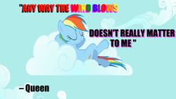 Size: 1920x1080 | Tagged: safe, edit, edited screencap, screencap, rainbow dash, pegasus, pony, the return of harmony, bohemian rhapsody, caption, cloud, cloudy, image macro, queen (band), song, song reference