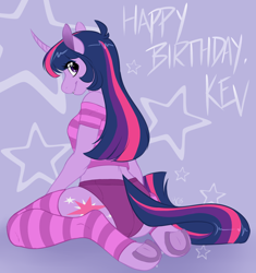 Size: 1280x1363 | Tagged: safe, artist:collaredginger, derpibooru import, twilight sparkle, unicorn twilight, anthro, unicorn, booty shorts, clothes, dialogue, female, kevinsano's birthday, kneeling, looking at you, looking back, looking back at you, looking over shoulder, mare, rear view, socks, solo, striped socks, stripes