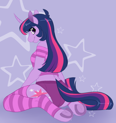 Size: 1280x1363 | Tagged: safe, artist:collaredginger, derpibooru import, twilight sparkle, unicorn twilight, anthro, unguligrade anthro, unicorn, clothes, female, kneeling, leg warmers, looking at you, looking back, looking back at you, looking over shoulder, mare, rear view, shirt, shorts, socks, solo, striped socks, underhoof