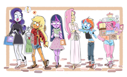 Size: 1024x622 | Tagged: dead source, safe, artist:fishby, derpibooru import, applejack, fluttershy, pinkie pie, rainbow dash, rarity, twilight sparkle, human, clothes, dress, humanized, mane six, pony coloring, shopping