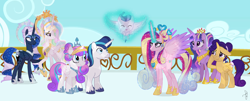 Size: 2288x920 | Tagged: safe, artist:ilaria122, princess cadance, princess celestia, princess flurry heart, princess luna, shining armor, twilight sparkle, twilight sparkle (alicorn), oc, oc:crystal arrow, oc:shooting star (ilaria122), alicorn, crystal pony, pegasus, pony, unicorn, alternate design, baby, baby pony, balcony, brother and sister, colt, crown, crystal empire, crystallized, empress cadance, ethereal mane, eyes closed, female, glowing horn, halo, jewelry, male, mare, next generation, older, older flurry heart, older princess cadance, older princess celestia, older princess luna, older shining armor, queen celestia, queen luna, regalia, siblings, simple background, sisters-in-law, smiling, stallion, starry mane, ultimate cadance, ultimate luna, ultimate twilight