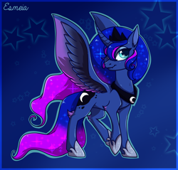 Size: 1030x985 | Tagged: safe, artist:esmeia, princess luna, alicorn, pony, curved horn, cute, cute little fangs, ethereal mane, fangs, female, hoof shoes, mare, peytral, solo, spread wings, starry mane, wings