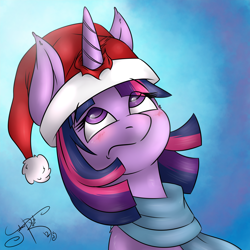 Size: 3500x3500 | Tagged: safe, artist:jorobro, derpibooru import, twilight sparkle, bust, clothes, colored pupils, frown, hat, horn impalement, santa hat, scarf, solo