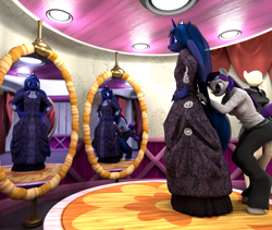 Size: 1920x1620 | Tagged: safe, artist:stellarator, princess luna, rarity, alicorn, anthro, unguligrade anthro, unicorn, 3d, blender, carousel boutique, clothes, corset, cycles, dress, female, glasses, jewelry, lace, mare, mirrors, not sfm, regalia, underhoof, underwear, wings