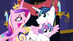 Size: 1280x720 | Tagged: safe, screencap, princess cadance, princess flurry heart, shining armor, alicorn, pony, unicorn, best gift ever