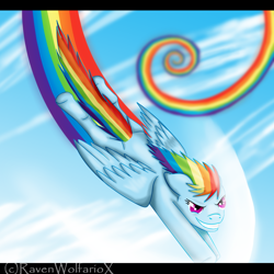 Size: 2000x2000 | Tagged: safe, artist:reckless-raven, rainbow dash, pegasus, pony, blue coat, female, flying, mare, multicolored mane