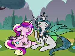 Size: 1600x1200 | Tagged: safe, artist:midnight-drip, princess cadance, queen chrysalis, alicorn, changeling, changeling queen, pony, blushing, bush, cadalis, cute, cutealis, cutedance, eyes closed, female, flower, grass, infidelity, lesbian, prone, shipping, younger