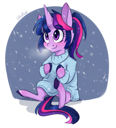 Size: 2000x2200 | Tagged: safe, artist:silbersternenlicht, derpibooru import, twilight sparkle, clothes, cute, snow, snowfall, solo, sweater, twiabetes, underhoof