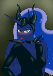 Size: 4961x7016 | Tagged: safe, artist:wolfmask, princess luna, anthro, absurd resolution, blushing, breasts, clothes, cosplay, costume, crossover, female, lipstick, maleficent, princess balloona, solo