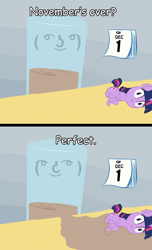 Size: 498x820 | Tagged: safe, derpibooru import, twilight sparkle, calendar, caption, chocolate, chocolate milk, exploitable meme, food, le lenny face, meme, milk, no fap november, pure unfiltered evil, spilled milk