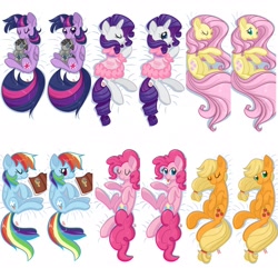 Size: 1280x1232 | Tagged: safe, artist:leafbunny, derpibooru import, applejack, fluttershy, pinkie pie, rainbow dash, rarity, twilight sparkle, twilight sparkle (alicorn), alicorn, earth pony, pegasus, pony, unicorn, body pillow, body pillow design, colored pupils, cute, dashabetes, diapinkes, female, jackabetes, mane six, mare, raribetes, shyabetes, sleeping, twiabetes