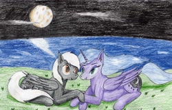 Size: 3176x2028 | Tagged: safe, artist:40kponyguy, derpibooru exclusive, princess luna, oc, alicorn, pegasus, pony, canon x oc, holding hooves, looking at each other, moon, ocean, requested art, traditional art