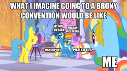 Size: 500x280 | Tagged: safe, edit, edited screencap, screencap, lemon hearts, masquerade, north star, rainbow dash, soarin', spitfire, oc, oc:mandopony, oc:pixelkitties, pegasus, pony, the best night ever, bipedal, bipedal leaning, camera, clothes, convention, dress, gala dress, jayson thiessen, leaning, meghan mccarthy, pixelkitties, uniform, wonderbolts uniform