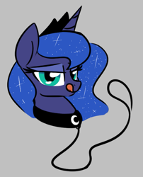 Size: 525x650 | Tagged: safe, artist:masserey, princess luna, alicorn, pony, bedroom eyes, bust, collar, crown, female, gray background, jewelry, leash, licking, licking lips, looking at you, pet play, peytral, regalia, simple background, solo, tongue out