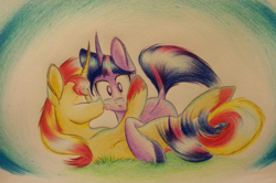 Size: 2688x1781 | Tagged: safe, artist:waterferret, derpibooru import, sunset shimmer, twilight sparkle, pony, unicorn, :o, cuddling, dock, female, lesbian, licking, shipping, snuggling, sunsetsparkle, tongue out, traditional art, wide eyes