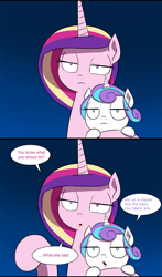 Size: 1345x2292 | Tagged: safe, artist:doublewbrothers, edit, princess cadance, princess flurry heart, alicorn, pony, comic:luna land, cadance is not amused, cropped, dialogue, duo, duo female, female, females only, filly, flurry heart is not amused, gradient background, horn, mare, meme, misspelling, multicolored mane, open mouth, parent and child, pink coat, raised hoof, raised leg, reaction image, speech bubble, take that, two toned mane, unamused, white coat