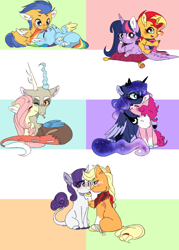 Size: 1522x2129 | Tagged: safe, artist:s1nb0y, applejack, discord, flash sentry, fluttershy, pinkie pie, princess luna, rainbow dash, rarity, sunset shimmer, twilight sparkle, twilight sparkle (alicorn), alicorn, classical unicorn, earth pony, pegasus, pony, unicorn, bandage, chest fluff, cloven hooves, cute, diapinkes, diasentres, discoshy, discute, female, flashdash, leonine tail, lesbian, licking, lunapie, male, mane six, missing cutie mark, neck nuzzle, nuzzling, pillow, prone, rarijack, scar, shipping, straight, sunsetsparkle, tongue out, unshorn fetlocks