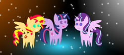 Size: 4503x2000 | Tagged: safe, artist:jackspade2012, derpibooru import, starlight glimmer, sunset shimmer, twilight sparkle, twilight sparkle (alicorn), alicorn, pony, alicornified, counterparts, magical trio, pointy ponies, race swap, shimmercorn, starlicorn, twilight's counterparts, xk-class end-of-the-world scenario