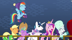 Size: 1280x720 | Tagged: safe, screencap, applejack, princess cadance, princess flurry heart, rainbow dash, rarity, shining armor, spike, alicorn, dragon, earth pony, pegasus, pony, unicorn, best gift ever