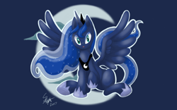 Size: 1024x640 | Tagged: safe, artist:manaphy21, princess luna, alicorn, pony, cutie mark background, looking at you, moon, open mouth, sitting, solo, spread wings, wings