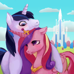 Size: 1280x1280 | Tagged: dead source, safe, artist:ronniesponies, princess cadance, shining armor, alicorn, pony, unicorn, blushing, crystal empire, female, hug, husband and wife, male, mare, married couple, neck nuzzle, no catchlights, shiningcadance, shipping, stallion, straight