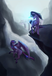 Size: 1024x1492 | Tagged: safe, artist:lyananyan, derpibooru import, starlight glimmer, twilight sparkle, twilight sparkle (alicorn), alicorn, pony, female, fight, magic, mare, mountain