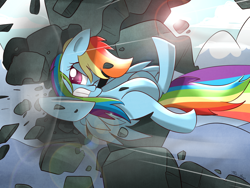Size: 1600x1200 | Tagged: dead source, safe, artist:kty159, rainbow dash, pegasus, pony, spike at your service, badass, cloud, female, flying, gritted teeth, lens flare, mare, missing cutie mark, mountain, one eye closed, rainbow trail, rock, sky, solo, spread wings, upside down, wings