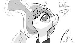 Size: 1280x720 | Tagged: dead source, safe, artist:darkflame75, princess luna, alicorn, pony, bust, female, gray background, grayscale, looking up, lunadoodle, mare, monochrome, no pupils, portrait, simple background, solo, white background