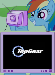 Size: 438x600 | Tagged: safe, rainbow dash, pegasus, pony, blue coat, exploitable meme, female, mare, multicolored mane, solo, top gear, tv meme