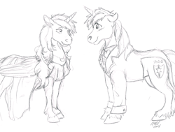 Size: 1167x881 | Tagged: safe, artist:carnivorouscaribou, princess cadance, shining armor, alicorn, pony, unicorn, clothes, dress, female, male, monochrome, shiningcadance, shipping, sketch, straight, suit, traditional art