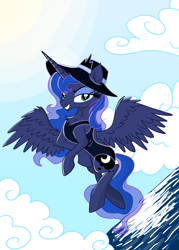 Size: 3445x4823 | Tagged: safe, alternate version, artist:darkest-lunar-flower, princess luna, alicorn, pony, absurd resolution, clothes, cloud, flying, grin, hat, looking at you, one-piece swimsuit, sky, smiling, solo, sun, swimsuit