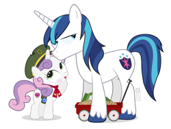 Size: 1200x900 | Tagged: safe, artist:dm29, shining armor, sweetie belle, pony, unicorn, blushing, cookie, crush, female, filly, filly scouts, food, forehead kiss, girl scout cookies, kissing, male, shining armor is not amused, stallion, unamused, wagon