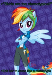 Size: 569x824 | Tagged: safe, edit, rainbow dash, equestria girls, clothes, greentext, pants, ponied up, text