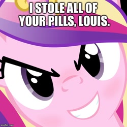 Size: 500x500 | Tagged: safe, princess cadance, queen chrysalis, alicorn, changeling, changeling queen, pony, disguise, disguised changeling, evil grin, grin, hi anon, image macro, left 4 dead, louis, meme, pills, pure unfiltered evil, smiling, we are doomed