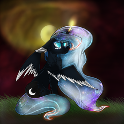 Size: 2560x2560 | Tagged: safe, artist:brokensilence, princess luna, alicorn, pony, alternate design, alternate universe, curved horn, ethereal mane, full moon, galaxy mane, moon, sad, solo