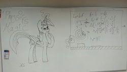 Size: 1280x720 | Tagged: safe, artist:ho7y5hoxx, derpibooru import, twilight sparkle, twilight sparkle (alicorn), alicorn, pony, female, grayscale, mare, math, monochrome, recursion, solo, traditional art, underhoof, whiteboard