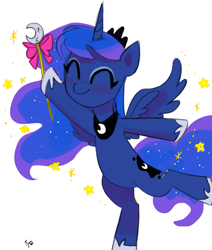 Size: 671x790 | Tagged: safe, artist:ehfa, princess luna, alicorn, pony, blushing, cute, eyes closed, female, lunabetes, magic wand, mare, simple background, smiling, solo, sparkles, white background