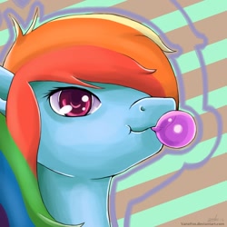 Size: 1200x1200 | Tagged: safe, artist:vanefox, rainbow dash, pegasus, pony, blue coat, bubblegum, female, mare, multicolored mane